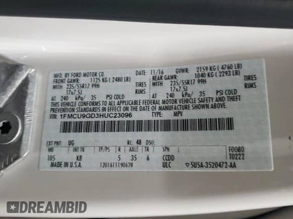 2017 Ford Escape SE z VIN 1FMCU9GD3HUC23096, wystawiony jako Copart lot #87395305 z przebiegiem 131 813 mil mil oraz Czysty tytuł • Clean title. Historia ofert i sprzedaży dostępna na DreamBid. Obrazek 13.