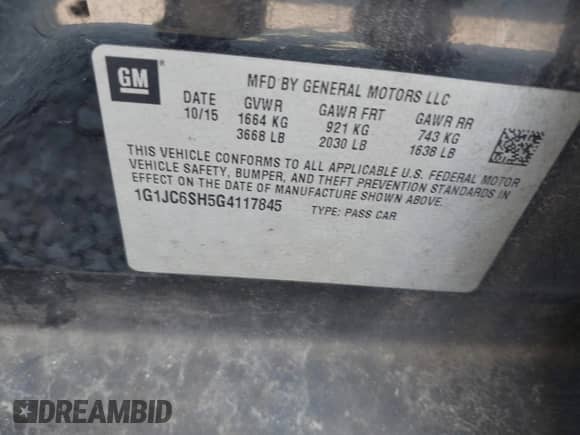 2016 Chevrolet Sonic LT с VIN 1G1JC6SH5G4117845, выставлен на аукционе IAAI как лот 42680419 с пробегом 108 818 миль миль и . История ставок и продаж доступна на DreamBid. Изображение 9.