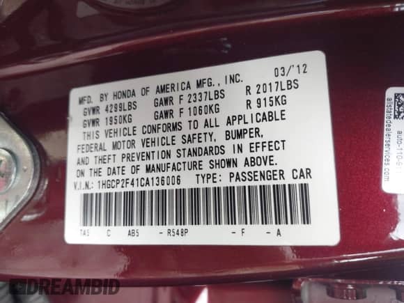 2012 Honda Accord LX Premium with VIN 1HGCP2F41CA136006, listed as a IAAI auction lot 43298890 with 128,467 mi miles and . Bid and sale history available at DreamBid. Image 9.