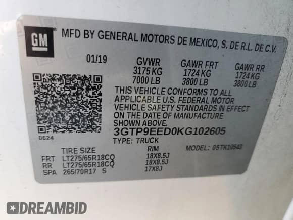 2019 GMC Sierra 1500 AT4 with VIN 3GTP9EED0KG102605, listed as a Copart auction lot 57444625 with 148,559 mi miles and Salvage title. Bid and sale history available at DreamBid. Image 12.