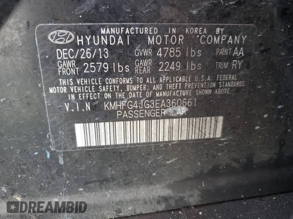 2014 Hyundai Azera with VIN KMHFG4JG3EA360661, listed as a Copart auction lot 68319725 with 81,838 mi miles and Clean title. Bid and sale history available at DreamBid. Image 12.