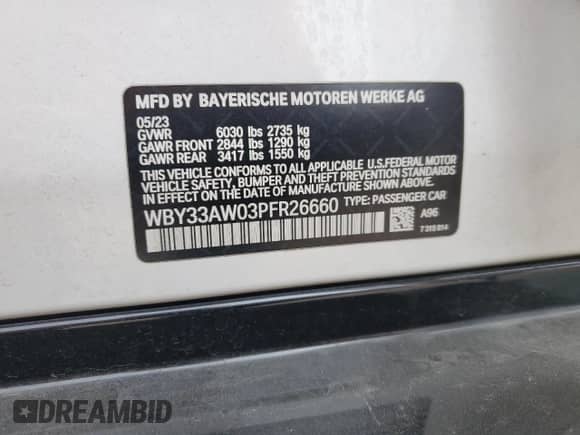 2023 BMW i4 M50 with VIN WBY33AW03PFR26660, listed as a Copart auction lot 60793705 with 44,753 mi miles and Salvage title. Bid and sale history available at DreamBid. Image 13.