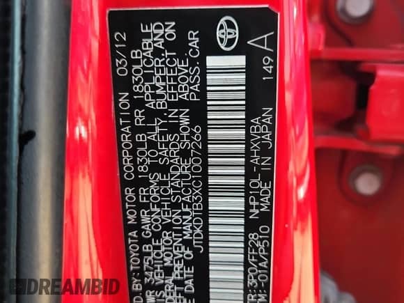 2012 Toyota Prius Two with VIN JTDKDTB3XC1007266, listed as a Copart auction lot 82096025 with 221,281 mi miles and Salvage title. Bid and sale history available at DreamBid. Image 12.