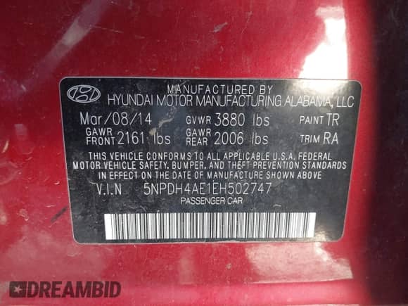 2014 Hyundai Elantra SE with VIN 5NPDH4AE1EH502747, listed as a IAAI auction lot 43322170 with 159,310 mi miles and . Bid and sale history available at DreamBid. Image 9.