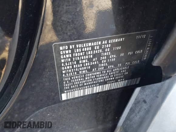 2013 Volkswagen Tiguan S with VIN WVGAV3AX5DW559819, listed as a IAAI auction lot 43436570 with 113,423 mi miles and . Bid and sale history available at DreamBid. Image 9.