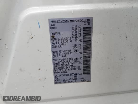 2018 Nissan Pathfinder S with VIN 5N1DR2MN8JC674658, listed as a Copart auction lot 86778655 with 113,508 mi miles and Clean title. Bid and sale history available at DreamBid. Image 13.