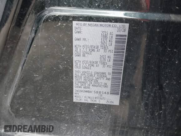 2019 Nissan Pathfinder SL with VIN 5N1DR2MM8KC588548, listed as a IAAI auction lot 42276951 with 95,334 mi miles and . Bid and sale history available at DreamBid. Image 9.