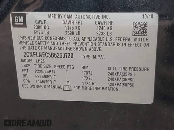 2011 Chevrolet Equinox 2LT with VIN 2CNFLNEC3B6250730, listed as a IAAI auction lot 42445810 with 148,654 mi miles and . Bid and sale history available at DreamBid. Image 9.