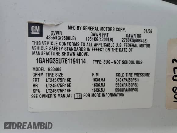 2006 Chevrolet Express Passenger with VIN 1GAHG35U761194114, listed as a Copart auction lot 55985195 with 110,432 mi miles and Salvage title. Bid and sale history available at DreamBid. Image 13.