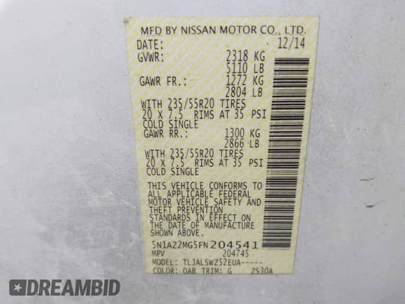 2015 Nissan Murano Platinum with VIN 5N1AZ2MG5FN204541, listed as a IAAI auction lot 42225020 with 145,900 mi miles and . Bid and sale history available at DreamBid. Image 9.