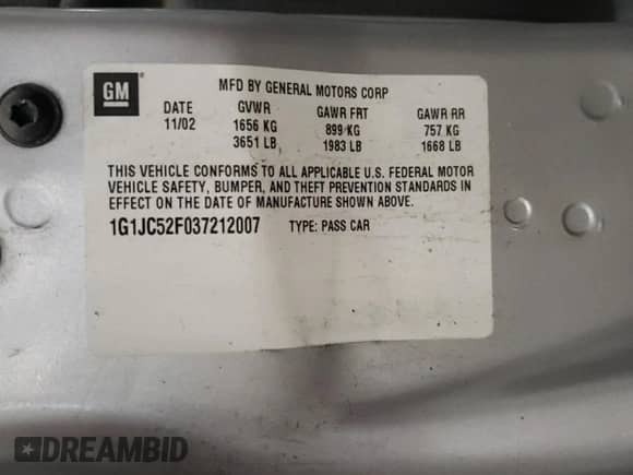 2003 Chevrolet Cavalier с VIN 1G1JC52F037212007, выставлен на аукционе Copart как лот 75952914 с пробегом Не указан миль и Чистый • Clean title. История ставок и продаж доступна на DreamBid. Изображение 12.