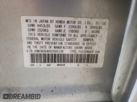 2005 Honda Accord with VIN JHMCN36465C005136, listed as a Copart auction lot 52605555 with 96,054 mi miles and Salvage title. Bid and sale history available at DreamBid. Image 14.