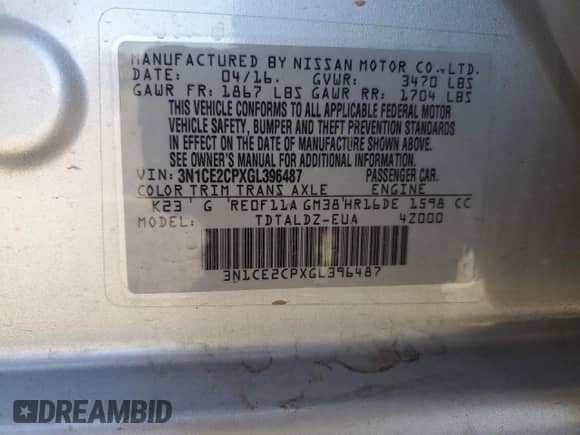 2016 Nissan Note SV с VIN 3N1CE2CPXGL396487, выставлен на аукционе Copart как лот 85201285 с пробегом 111 558 миль миль и Списание • Salvage title. История ставок и продаж доступна на DreamBid. Изображение 12.