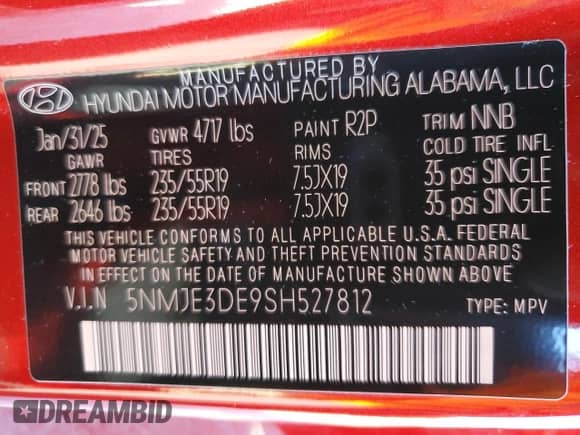 2025 Hyundai Tucson Limited с VIN 5NMJE3DE9SH527812, выставлен на аукционе Copart как лот 69347845 с пробегом 4 011 миль миль и Списание • Salvage title. История ставок и продаж доступна на DreamBid. Изображение 13.