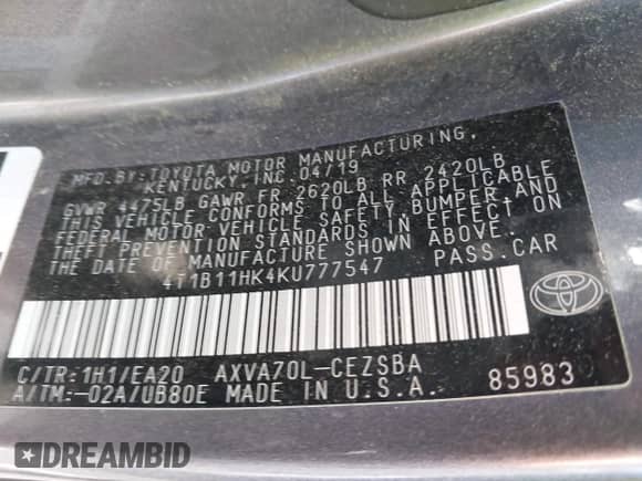 2019 Toyota Camry LE с VIN 4T1B11HK4KU777547, выставлен на аукционе IAAI как лот 43357130 с пробегом 161 287 миль миль и . История ставок и продаж доступна на DreamBid. Изображение 9.