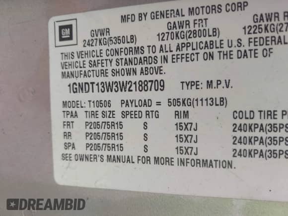 1998 Chevrolet Blazer LS with VIN 1GNDT13W3W2188709, listed as a IAAI auction lot 42454694 with Not provided miles and . Bid and sale history available at DreamBid. Image 9.
