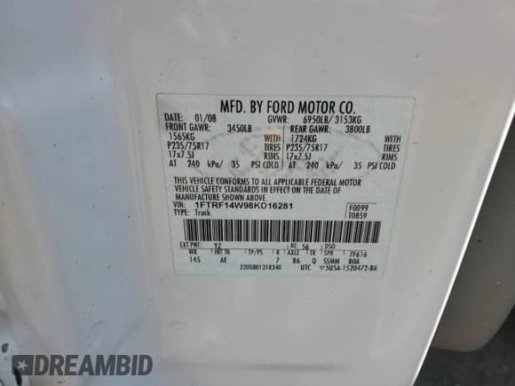 2008 Ford F-150 XL with VIN 1FTRF14W98KD16281, listed as a Copart auction lot 55631865 with 157,976 mi miles and Clean title. Bid and sale history available at DreamBid. Image 12.