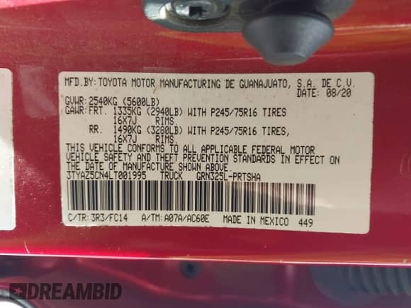 2020 Toyota Tacoma SR5 with VIN 3TYAZ5CN4LT001995, listed as a IAAI auction lot 43104841 with 59,820 mi miles and . Bid and sale history available at DreamBid. Image 9.
