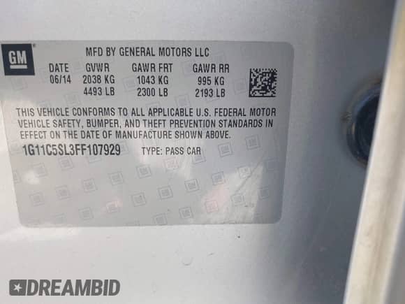 2015 Chevrolet Malibu LT с VIN 1G11C5SL3FF107929, выставлен на аукционе IAAI как лот 42841560 с пробегом 161 167 миль миль и . История ставок и продаж доступна на DreamBid. Изображение 9.