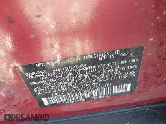 2012 Subaru Forester X с VIN JF2SHABC2CG465309, выставлен на аукционе IAAI как лот 41436437 с пробегом 115 118 миль миль и . История ставок и продаж доступна на DreamBid. Изображение 9.