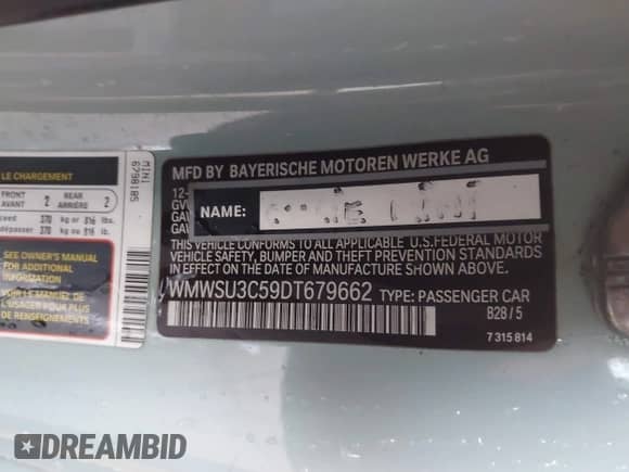 2013 MINI Hardtop with VIN WMWSU3C59DT679662, listed as a IAAI auction lot 43315141 with 151,765 mi miles and . Bid and sale history available at DreamBid. Image 9.