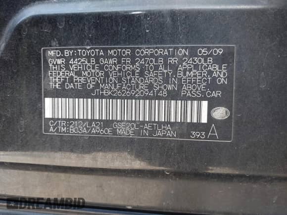 2009 Lexus IS 250 z VIN JTHBK262692094148, wystawiony jako IAAI lot #42889221 z przebiegiem 157 508 mil mil oraz . Historia ofert i sprzedaży dostępna na DreamBid. Obrazek 9.