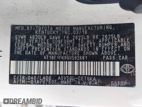 2016 Toyota Camry XLE с VIN 4T1BF1FK9GU592681, выставлен на аукционе IAAI как лот 42998460 с пробегом 102 404 миль миль и . История ставок и продаж доступна на DreamBid. Изображение 9.