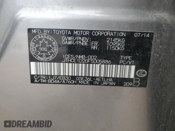 2015 Lexus IS 350 with VIN JTHCE1D20F5005886, listed as a Copart auction lot 68950395 with 210,023 mi miles and Clean title. Bid and sale history available at DreamBid. Image 12.