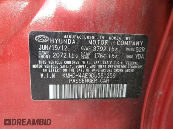 2013 Hyundai Elantra GLS with VIN KMHDH4AE9DU581259, listed as a Copart auction lot 87054465 with 167,617 mi miles and Salvage title. Bid and sale history available at DreamBid. Image 12.