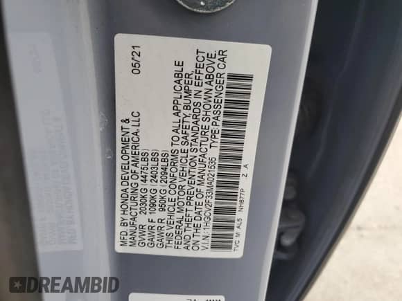 2021 Honda Accord Sport с VIN 1HGCV2F33MA021535, выставлен на аукционе Copart как лот 72080885 с пробегом 39 430 миль миль и Списание • Salvage title. История ставок и продаж доступна на DreamBid. Изображение 12.