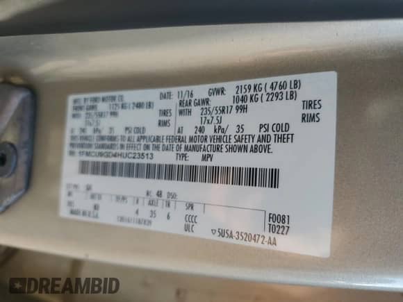 2017 Ford Escape SE с VIN 1FMCU9GD4HUC23513, выставлен на аукционе Copart как лот 87260865 с пробегом 233 176 миль миль и Чистый • Clean title. История ставок и продаж доступна на DreamBid. Изображение 13.