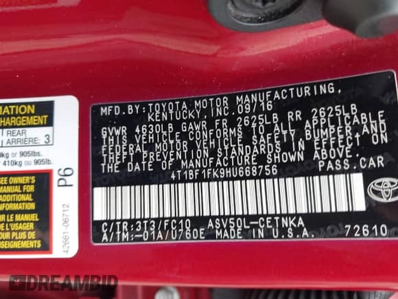 2017 Toyota Camry SE with VIN 4T1BF1FK9HU668756, listed as a IAAI auction lot 43141989 with 210,135 mi miles and . Bid and sale history available at DreamBid. Image 9.