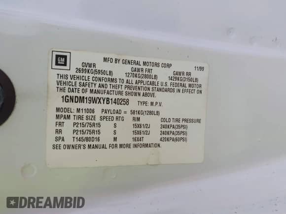 2000 Chevrolet Astro с VIN 1GNDM19WXYB140258, выставлен на аукционе IAAI как лот 42459847 с пробегом 178 304 миль миль и . История ставок и продаж доступна на DreamBid. Изображение 9.