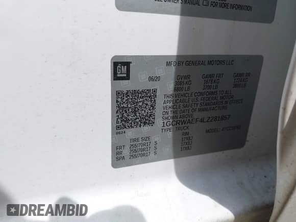2020 Chevrolet Silverado 1500 Work Truck with VIN 1GCRWAEF4LZ281857, listed as a IAAI auction lot 42062829 with Not provided miles and . Bid and sale history available at DreamBid. Image 9.