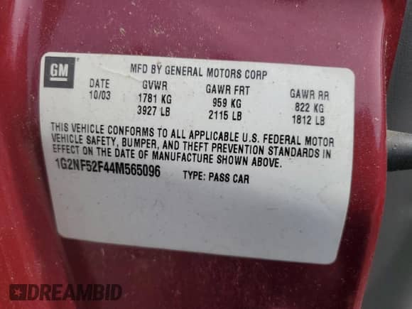 2004 Pontiac Grand Am SE1 with VIN 1G2NF52F44M565096, listed as a Copart auction lot 47833585 with 118,189 mi miles and Salvage title. Bid and sale history available at DreamBid. Image 14.