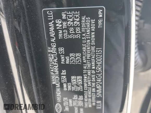 2024 Hyundai Santa Fe SEL с VIN 5NMP24GL5RH002131, выставлен на аукционе Copart как лот 77816134 с пробегом 7 753 миль миль и Списание • Salvage title. История ставок и продаж доступна на DreamBid. Изображение 13.