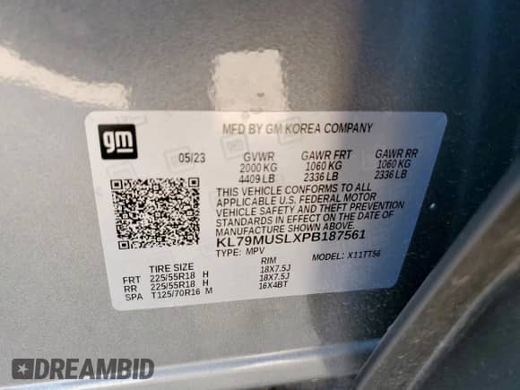 2023 Chevrolet TrailBlazer RS with VIN KL79MUSLXPB187561, listed as a Copart auction lot 80487535 with 12,942 mi miles and Salvage title. Bid and sale history available at DreamBid. Image 13.