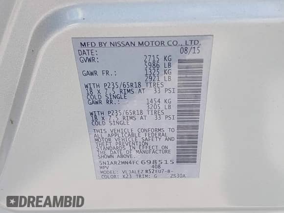 2015 Nissan Pathfinder SV с VIN 5N1AR2MN4FC698515, выставлен на аукционе IAAI как лот 42585800 с пробегом 202 005 миль миль и . История ставок и продаж доступна на DreamBid. Изображение 9.