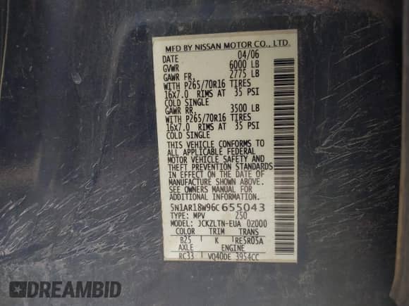 2006 Nissan Pathfinder LE z VIN 5N1AR18W96C655043, wystawiony jako IAAI lot #37875375 z przebiegiem Nie podano mil oraz . Historia ofert i sprzedaży dostępna na DreamBid. Obrazek 9.