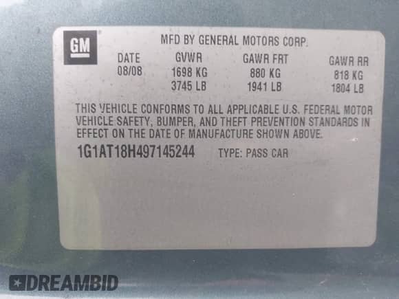 2009 Chevrolet Cobalt 1LT with VIN 1G1AT18H497145244, listed as a IAAI auction lot 42738832 with 145,678 mi miles and . Bid and sale history available at DreamBid. Image 9.