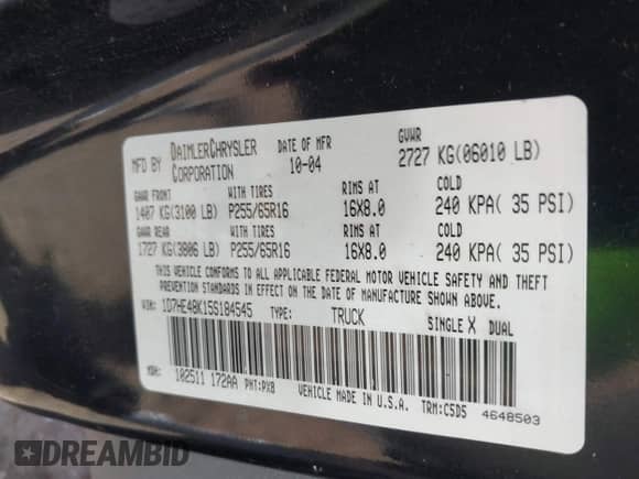 2005 Dodge Dakota SLT с VIN 1D7HE48K15S184545, выставлен на аукционе IAAI как лот 43512074 с пробегом 200 390 миль миль и . История ставок и продаж доступна на DreamBid. Изображение 9.