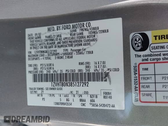 2008 Ford Mustang Deluxe with VIN 1ZVHT80N385127292, listed as a IAAI auction lot 43233810 with 216,162 mi miles and . Bid and sale history available at DreamBid. Image 9.