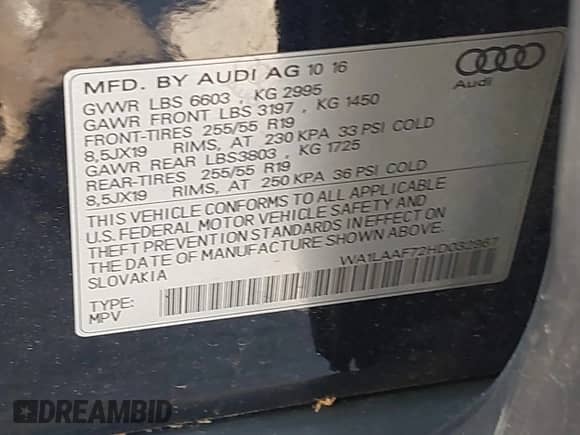 2017 Audi Q7 Premium Plus with VIN WA1LAAF72HD032967, listed as a IAAI auction lot 42546644 with 119,805 mi miles and . Bid and sale history available at DreamBid. Image 9.