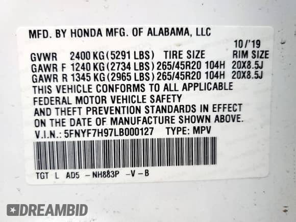 2020 Honda Passport Touring with VIN 5FNYF7H97LB000127, listed as a Copart auction lot 57613775 with 68,851 mi miles and Salvage title. Bid and sale history available at DreamBid. Image 13.