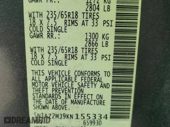 2019 Nissan Murano S с VIN 5N1AZ2MJ9KN155334, выставлен на аукционе Copart как лот 82044775 с пробегом 52 289 миль миль и Списание • Salvage title. История ставок и продаж доступна на DreamBid. Изображение 13.