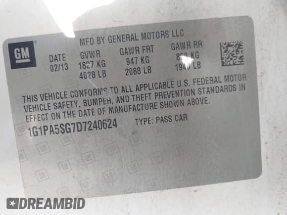 2013 Chevrolet Cruze LS z VIN 1G1PA5SG7D7240624, wystawiony jako IAAI lot #42783412 z przebiegiem 149 482 mil mil oraz . Historia ofert i sprzedaży dostępna na DreamBid. Obrazek 9.