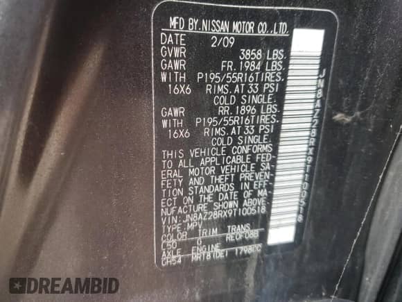 2009 Nissan Cube 1.8 Base with VIN JN8AZ28RX9T100518, listed as a Copart auction lot 85549684 with 52,902 mi miles and Salvage title. Bid and sale history available at DreamBid. Image 12.