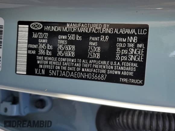 2022 Hyundai Santa Cruz SE with VIN 5NTJADAE0NH036687, listed as a Copart auction lot 74816844 with 22,639 mi miles and Non repairable. Bid and sale history available at DreamBid. Image 13.