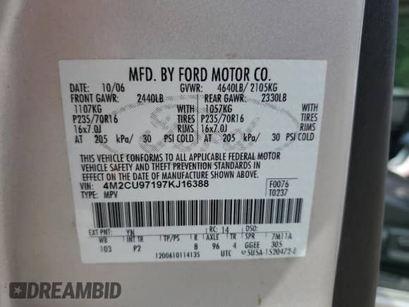 2007 Mercury Mariner Premier with VIN 4M2CU97197KJ16388, listed as a Copart auction lot 65154015 with 115,720 mi miles and Clean title. Bid and sale history available at DreamBid. Image 13.