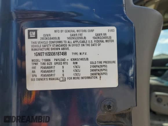 2003 Chevrolet TrailBlazer EXT LT z VIN 1GNET16S936187498, wystawiony jako Copart lot #69054275 z przebiegiem 188 046 mil mil oraz Szkoda całkowita • Salvage title. Historia ofert i sprzedaży dostępna na DreamBid. Obrazek 12.